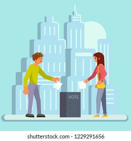 Voting and election concept vector flat illustration. Polling day. Voters male and female casting their ballots into ballot box in polling station.
