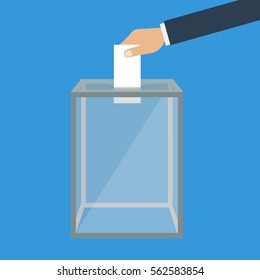 Voting, election concept. Vector illustration flat design style. Transparent glass box. Man holds in his hand bulletin, puts in ballot box.