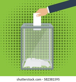 Voting, election concept. Vector illustration flat design style. Transparent glass box. Man holds in his hand bulletin, puts in ballot box.