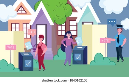 concepto de votación y elección, pueblo de lugar de votación, estación parada en la ilustración de ambos vectores