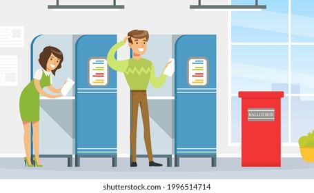 Concepto de votación y elección, votos en cédulas de votación en ilustración de vector de caja