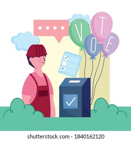 concepto de votación y elección, trabajador con urna y ilustración vectorial de globos