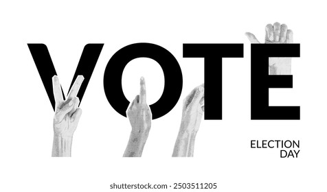 Voting, election day. Some people's hands in a halftone collage in retro pop art style. Vector flat illustration in black, white colors