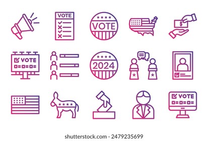 Conjunto de iconos de votación y elección. Votación 2024 signos de color azul contorno pictograma, colección de voto, bocetos de Vector, ilustraciones de logotipo, iconos de elecciones, trazo editable.Ilustración vectorial