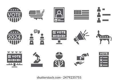 Voting and Election icon set .Voting 2024 signs blue color outline pictogram,vote collection, vector sketches, logo illustrations, elections icons, editable stroke.Vector illustration