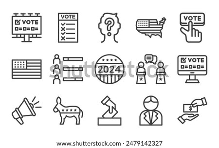 Voting and Election icon set .Voting 2024 signs blue color outline pictogram,vote collection, vector sketches, logo illustrations, elections icons, editable stroke.Vector illustration