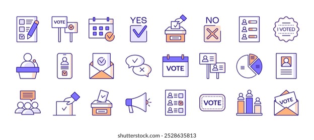 Ícones de votação e eleição em estilo linear com traçado editável. Votar, fazer campanha, democracia, política. Ilustração vetorial.