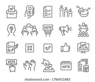 Voting and Election Icons Set. Collection of linear simple web icons such as Form, Online Voting, Debate, Candidate Rating, Vote Count and others. Editable vector stroke.