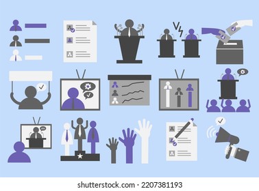 Voting and Election Icons Set. Collection of flat icons such as ballot paper, ballot box, candidate poll, vote counting and others. Editable filled color
