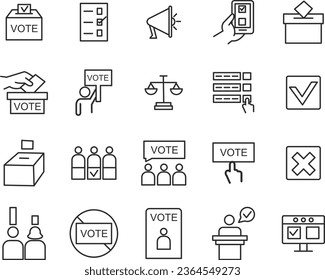 Voting and Election Icons Set. Collection of linear simple web icons such as Form, Online Voting, Debate, Candidate Rating, Vote Count and others. Editable vector stroke.