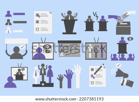 Voting and Election Icons Set. Collection of flat icons such as ballot paper, ballot box, candidate poll, vote counting and others. Editable filled color
