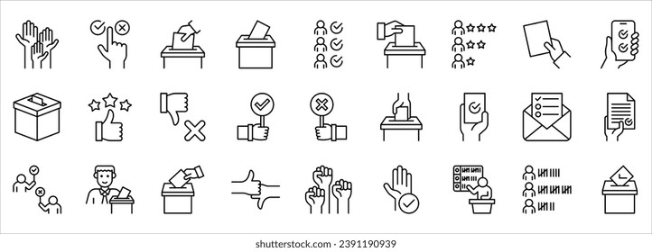 Voting and Election Icons Set. icons such as Form, Online Voting, Debate, Candidate Rating, Vote Count and others. vector illustration on white background