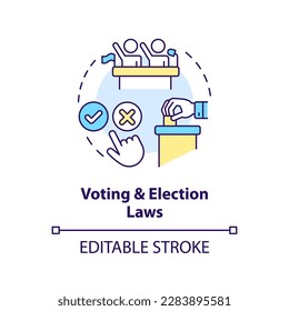 Icono de concepto de leyes electorales y de votación. Derechos civiles. Ilustración de la delgada línea de la idea abstracta de la ley y la cuestión jurídica. Dibujo de contorno aislado. Trazo editable. Fuentes Arial, Myriad Pro-Bold utilizadas