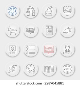 Voting and Election line icon set, vote collection, vector sketches, neumorphic UI UX buttons, Elections icons, Voting 2020 signs linear pictograms, editable stroke