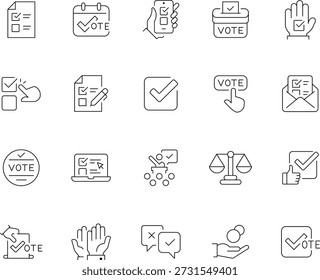 Conjunto de iconos de línea de votación y elección - Democracia minimalista, votación y símbolos de elección