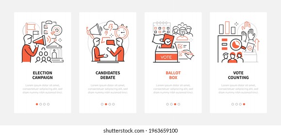 Voting and election - modern line design style web banners with copy space for text. Campaign, candidates debate, ballot box, vote counting carousel posts. Politics and electioneering concept