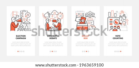 Voting and election - modern line design style web banners with copy space for text. Campaign, candidates debate, ballot box, vote counting carousel posts. Politics and electioneering concept