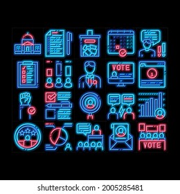 Voting And Election neon light sign vector. Glowing bright icon  Congress Building And Monitor, Calendar And Human Silhouette Democracy Voting Illustrations