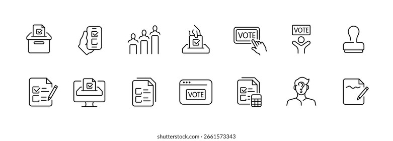 Conjunto de iconos de contorno de votación y elección: símbolos sólidos, planos, de papeleta y de democracia