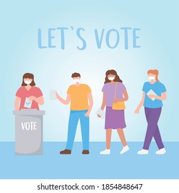 Voting And Election, People With Mask In Line, Woman Puts Ballot Inside Box Vector Illustration