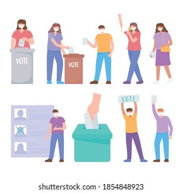 voting and election, people with mask, puts ballot inside box, candidates list, set icons vector illustration