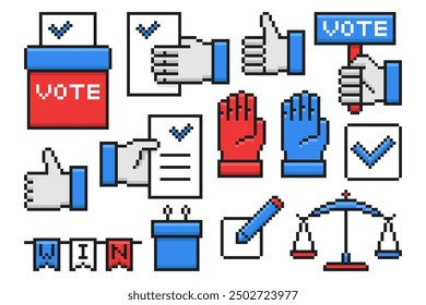 Voting and Election Set in Pixel Style. Vote, debate, ballot box, hand and other. Vector illustration