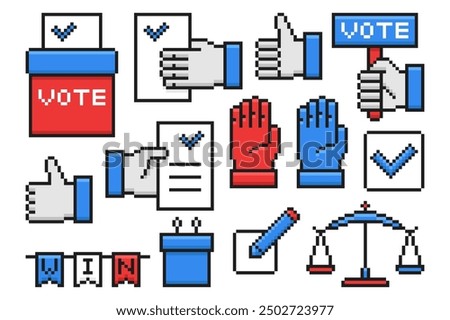 Voting and Election Set in Pixel Style. Vote, debate, ballot box, hand and other. Vector illustration