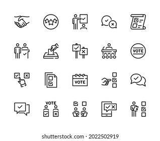 Voting and Election vector linear icons set. Election andrating of candidates, vote, electronic voting, debate, vote count and more. Isolated collection of Voting icons on white background.
