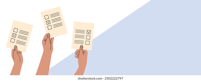 Voting, elections 2024. Banner with Hands holding ballot papers. Vector flat illustration