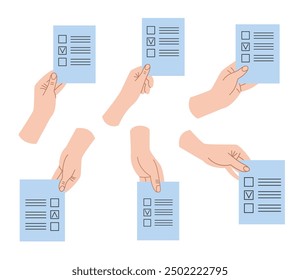 Voting, elections 2024. Hands holding ballot papers. Vector flat illustration isolated on white background
