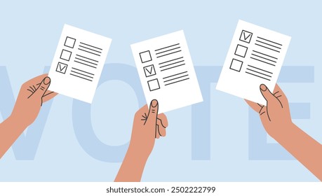 Voting, elections 2024. Hands holding ballot papers. Vector flat illustration