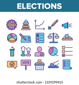 Voting And Elections Collection Icons Set Vector Thin Line. Including Ballot Voiting Box, Vote And Justice, Campaign And Congress Concept Linear Pictograms. Color Contour Illustrations