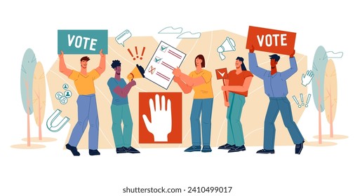 Voting and elections, democracy banner layout with human characters. People vote for equality and human rights in the democratic process, flat vector illustration isolated on white background.