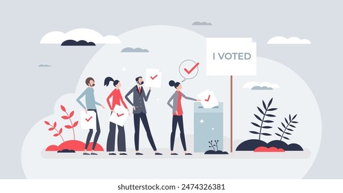 Voting and elections as democratic community process tiny person concept. Political choice and patriotic activism with ballot and parliament options vector illustration. Referendum citizen activism.