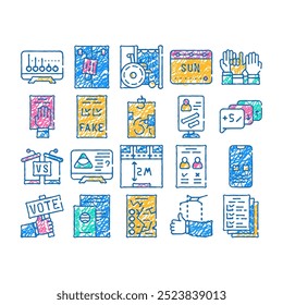 voting and elections doodle icons set vector. sketch line art oath on constitution and ballot box, exit polls, disabled and electronic voting booth. color illustrations