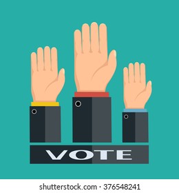 Voting in elections. Hands raised up. Stock vector illustration.