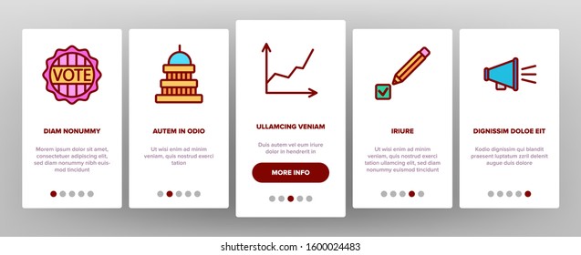 Voting And Elections Onboarding Mobile App Page Screen Vector. Including Ballot Voiting Box, Vote And Justice, Campaign And Congress Illustrations