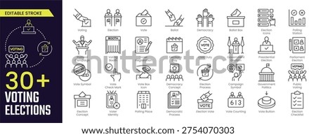 Voting Elections Stroke icon collections. Containing voting, election, vote, ballot, democracy, ballot box, election, polling station, and voting booth icons. Editable Stroke icon collection Outline icon