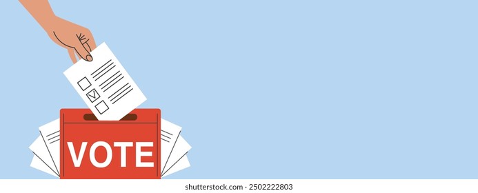 Voting, elections USA 2024. Banner with Hands putting ballots in the ballot box. Vector flat illustration