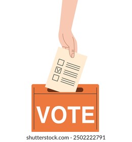 Voting, elections USA 2024. Hands putting ballots in the ballot box. Vector flat illustration isolated on white background