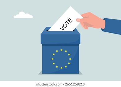 Votação na União Europeia. Mãos inserindo cédulas de papel nas urnas. O conceito de liberdade e democracia.