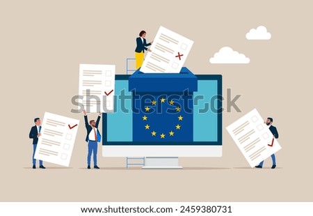 Voting in European Union. Online voting with computer screen. Paper ballots to election box. Electronic voting system for elections. Democracy Freedom Concept. Flat vector illustration