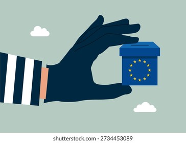 Votación en la Unión Europea. Ladrón robando votos, ladrón con papeletas a la caja de elecciones. Ilustración vectorial 