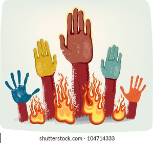 Voting fire hands isolated on grey metallic background