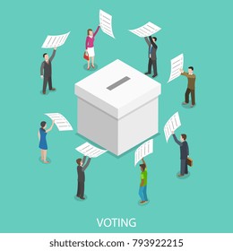 Voting flat isometric vector concept. People are putting their ballot papers into the big paper voting box.