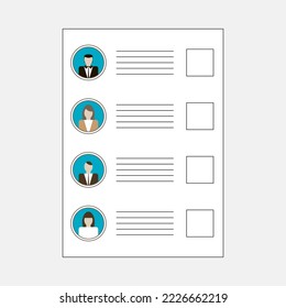 Voting form with avatars, empty squares for ratings and lines for notes. Candidates lists for elections. Blank ballot. Input lines between selection boxes and avatars. Election campaign, voters poll.