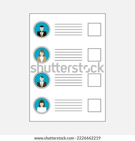 Voting form with avatars, empty squares for ratings and lines for notes. Candidates lists for elections. Blank ballot. Input lines between selection boxes and avatars. Election campaign, voters poll.