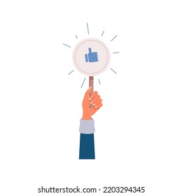 Votar y dar buenos puntos en la competencia, mano aislada con el signo del jurado con el dedo arriba. Como y para arriba, aprobación y acuerdo. Vector de dibujos animados planos