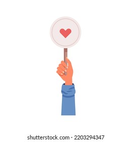 Voting and giving points on competition, isolated hand holding sign on wooden handle. Heart for like and approval, love expression. Vector in flat cartoon style