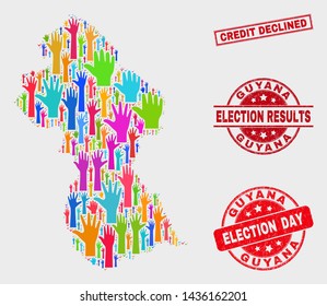 Voting Guyana map and watermarks. Red rectangle Credit Declined textured watermark. Colorful Guyana map mosaic of upwards election arms. Vector collage for election day, and referendum results.